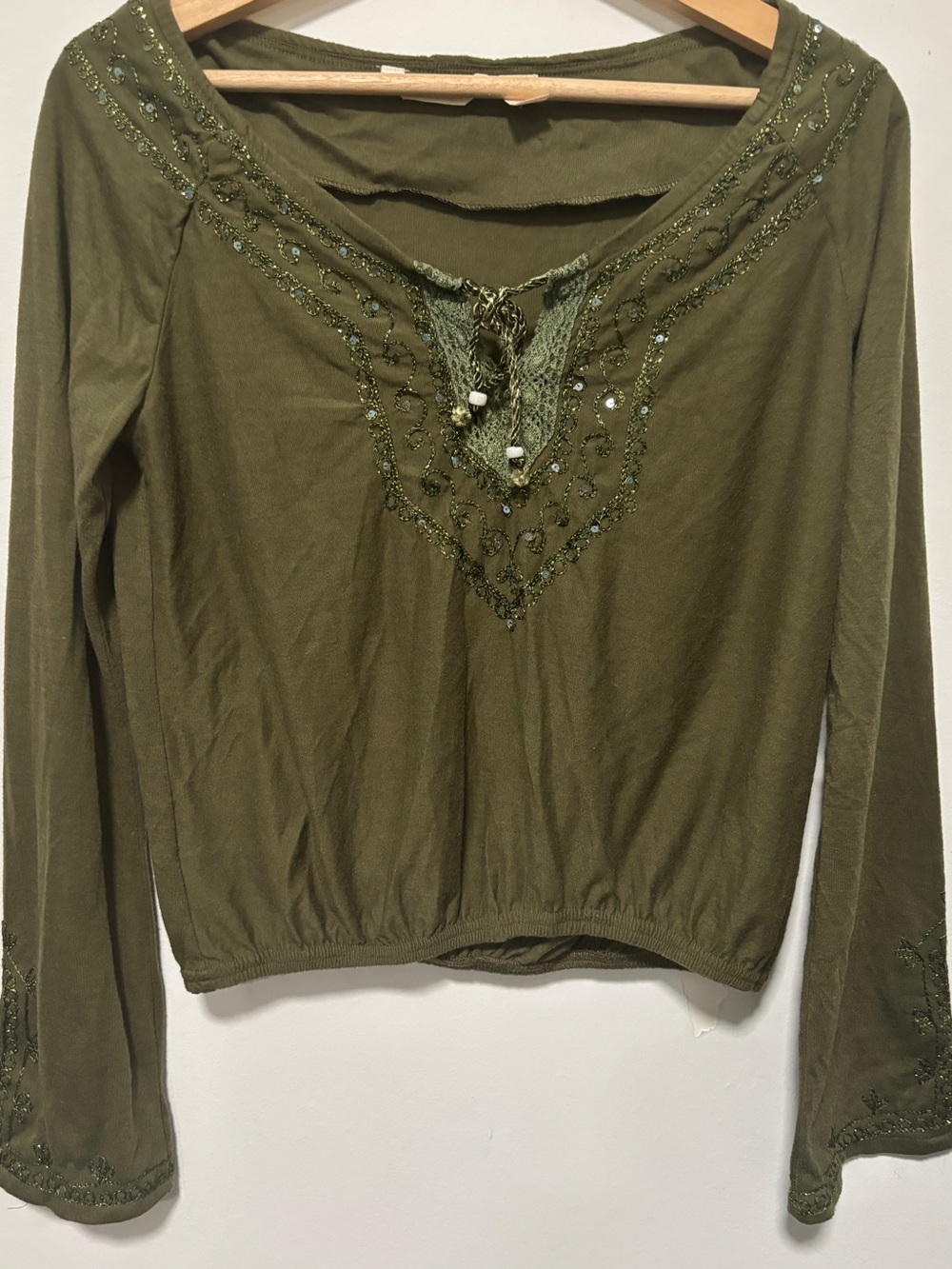 Derek Heart Olive Green Long Sleeve V neck Beaded Top M